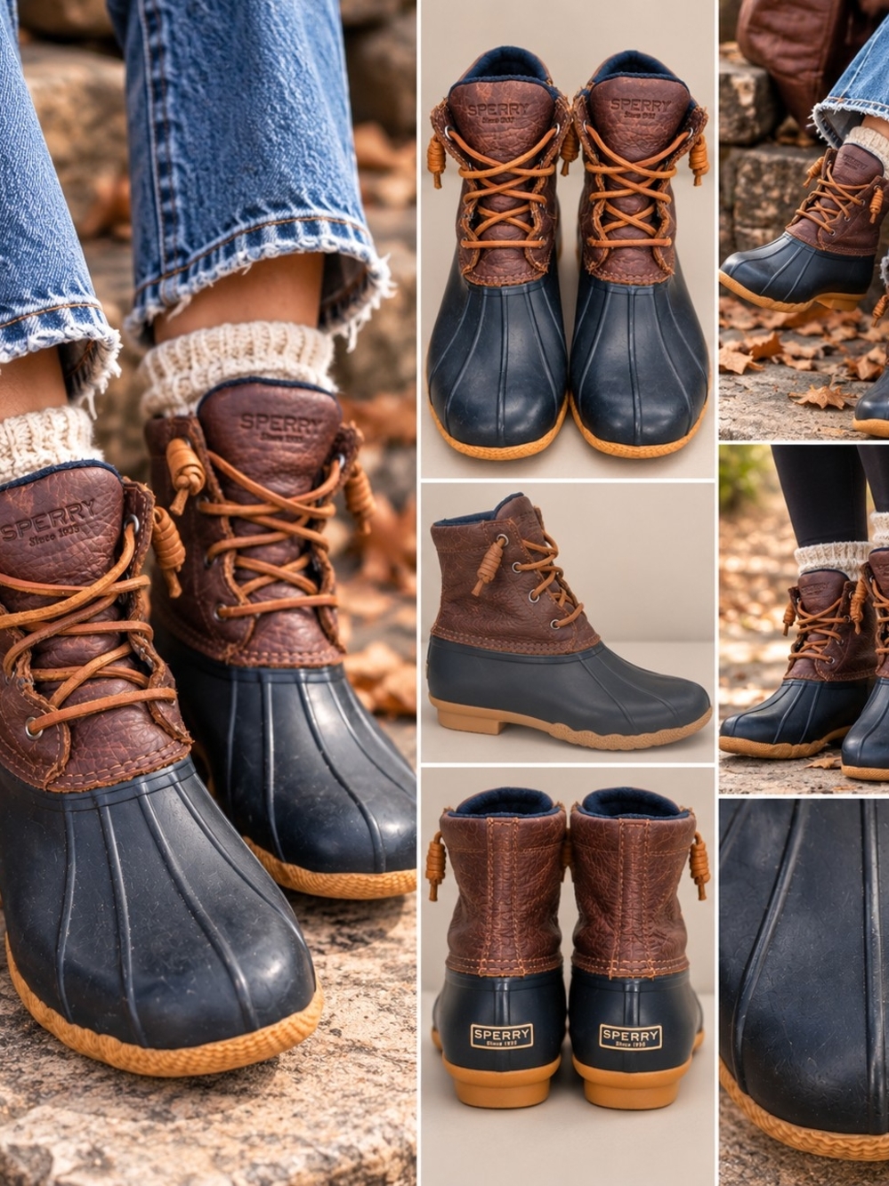 Sperry Saltwater Duck Boots Women’s 7.5 Brown Leather Navy Waterproof STS91175